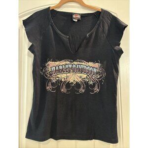 Vintage Harley-Davidson Womens T-Shirt V Neck Studded Size XXL 2XL Daytona Black